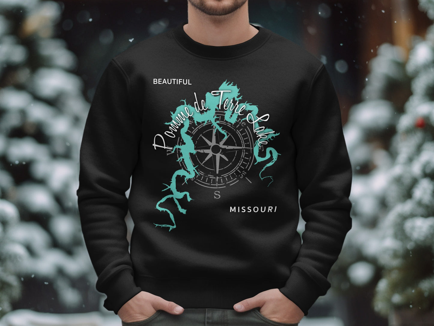 Black sweatshirt with a teal compass rose map of Pomme de Terre Lake, Missouri.