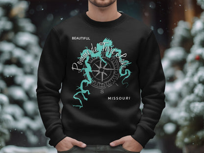 Black sweatshirt with a teal compass rose map of Pomme de Terre Lake, Missouri.