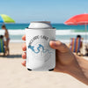 White can koozie with Saguaro Lake Arizona map and compass design.