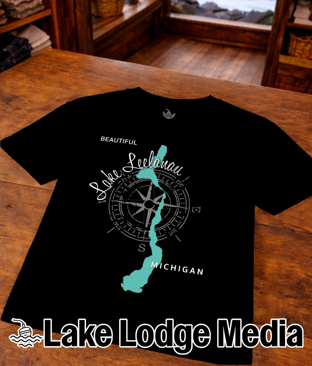 Black t-shirt with "Beautiful Leelanau Lake" and compass design.