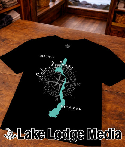 Black t-shirt with "Beautiful Leelanau Lake" and compass design.