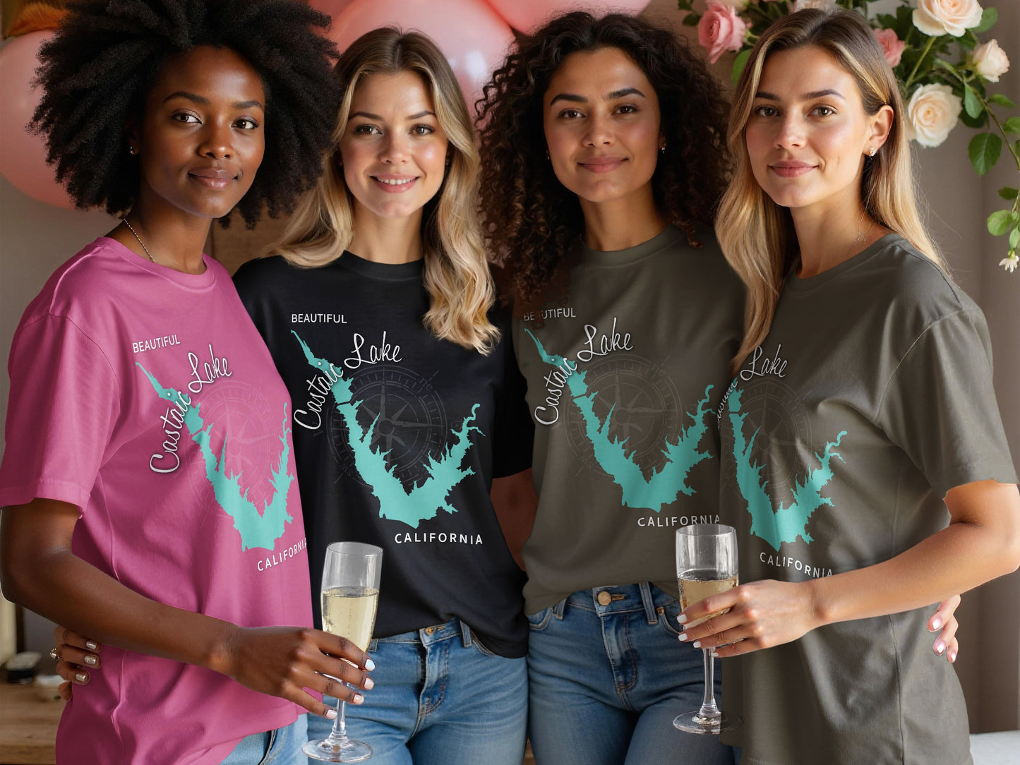 Four women in t-shirts with "Castaic Lake California" design and nautical compass.
