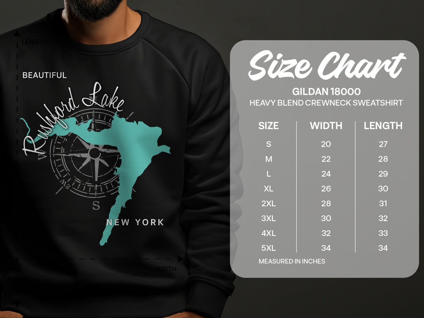 Rushford Lake New York sweatshirt size chart and graphic on black background.