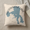 Cream pillow with blue Yellowstone Lake map and compass design, says Yellowstone Lake Wyoming