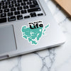 "Big Sandy Life" sticker on a laptop with a teal lake outline and black text.