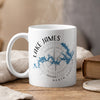 White mug with Lake James North Carolina map and compass design.