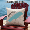 Pillow with Lake Louise map and compass rose design on Adirondack chair.