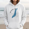 White hoodie with Redfish Lake, Idaho graphic featuring a compass and blue lake outline.