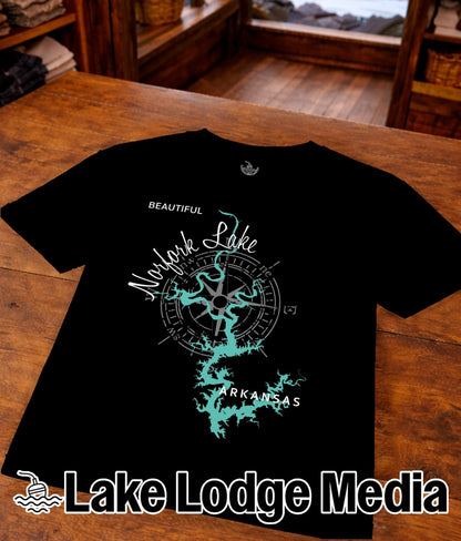 Black t-shirt with a compass and "Norfolk Lake Arkansas" text.