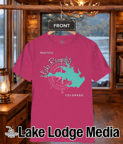 Pink t-shirt with "Lake Rampart COLORADO" and compass design.
