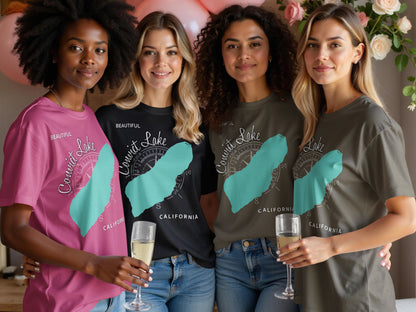 Four women in t-shirts featuring a Convict Lake California graphic.