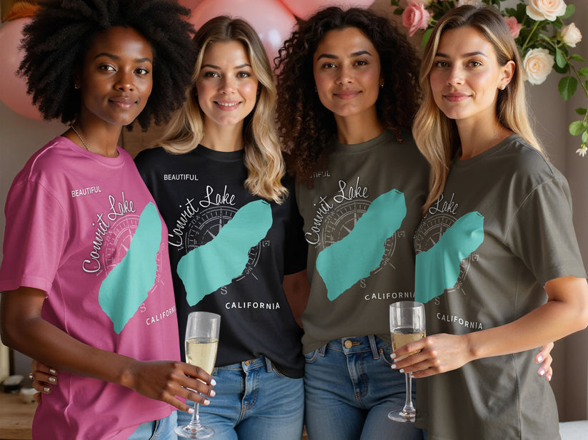 Four women in t-shirts featuring a Convict Lake California graphic.