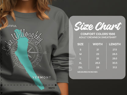 Comfort Colors 1566 adult crewneck sweatshirt size chart with measurements.