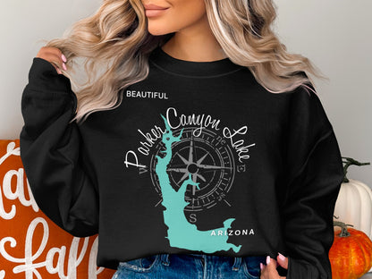 Black sweatshirt with Parker Canyon Lake Arizona map and compass design.