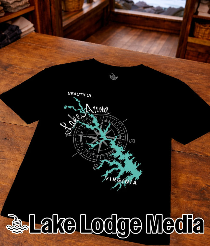 Black t-shirt with "Beautiful Lake Anna Virginia" compass design and "Lake Lodge Media" logo.