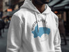 White hoodie with Walden Pond Massachusetts map design and compass graphic.