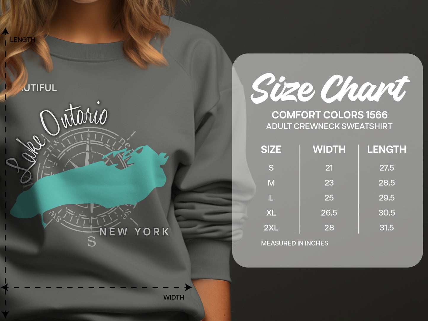 Lake Ontario outline on gray sweatshirt with Comfort Colors 1566 size chart.