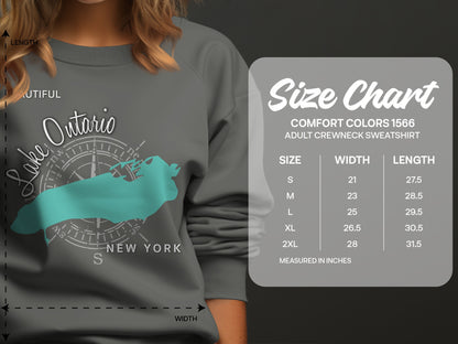 Lake Ontario outline on gray sweatshirt with Comfort Colors 1566 size chart.