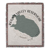 Tapestry with Round Valley Reservoir map and text, New Jersey.
