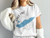 White t-shirt with blue Lake Erie map and compass graphic, text: Lake Erie, Pennsylvania.