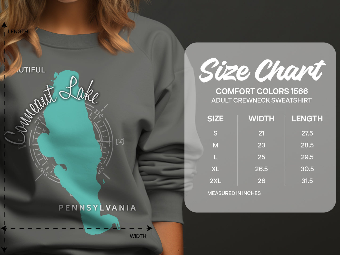 Crewneck sweatshirt size chart for Comfort Colors 1566, measurements in inches.