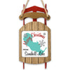 Wooden sled ornament with "Merry Christmas from Sandhill Lake" text and snowflakes.