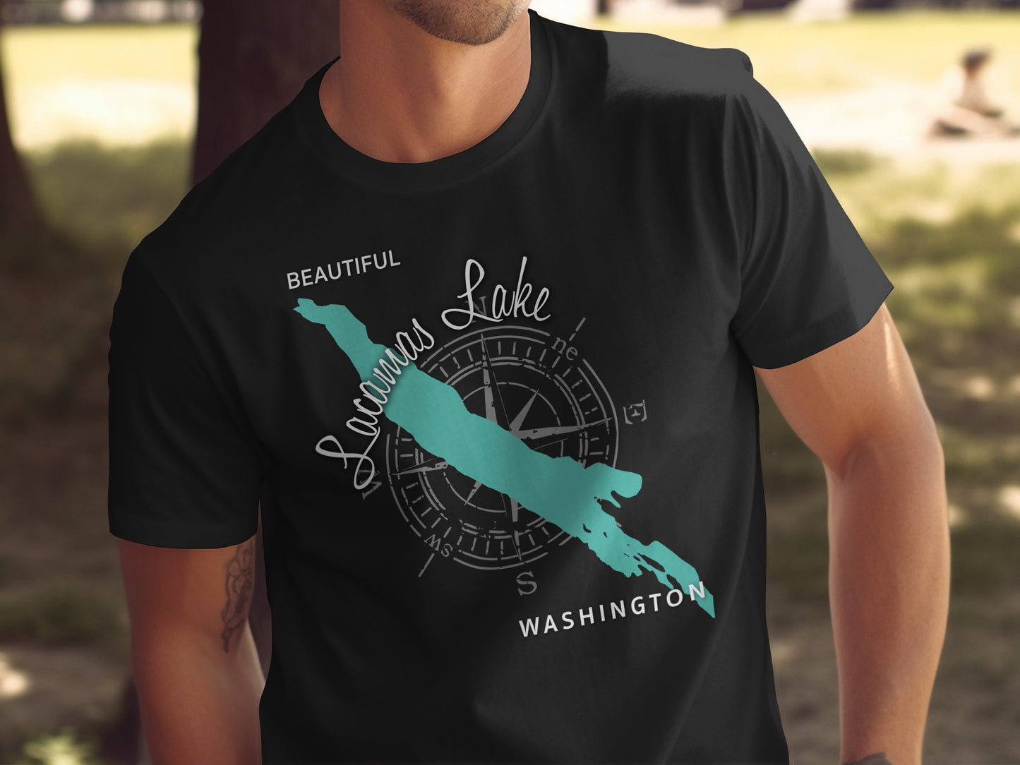 Black t-shirt with Lake Sammamish, Washington map and compass graphic.
