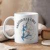 White mug with Smithville Lake Missouri map and compass design.