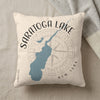 Cream pillow with blue Saratoga Lake map, compass, and "New York" text.