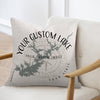 Pillow with map design and text: "YOUR CUSTOM LAKE", "YOUR CUSTOM IMAGE", "YOUR STATE".