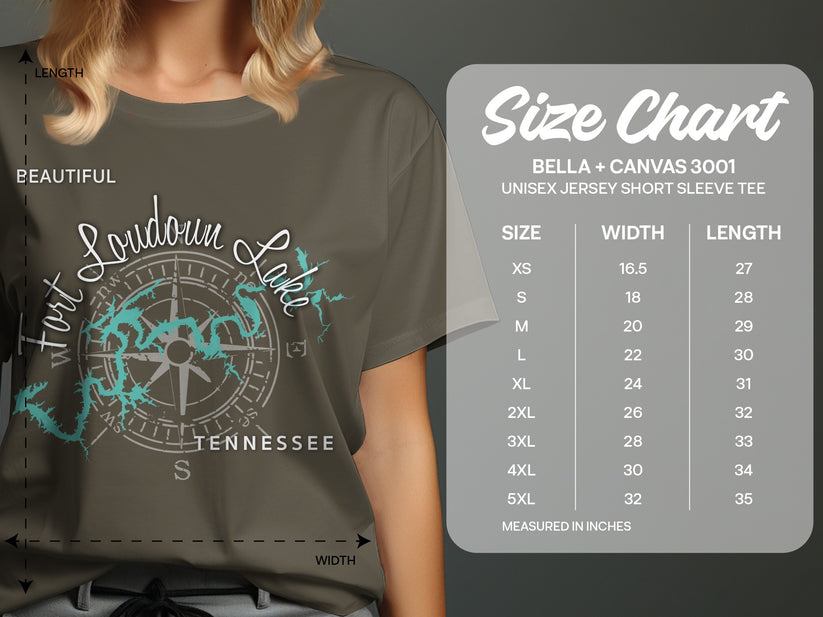 T-shirt with compass graphic and Loudoun Lake Tennessee text, next to a size chart.