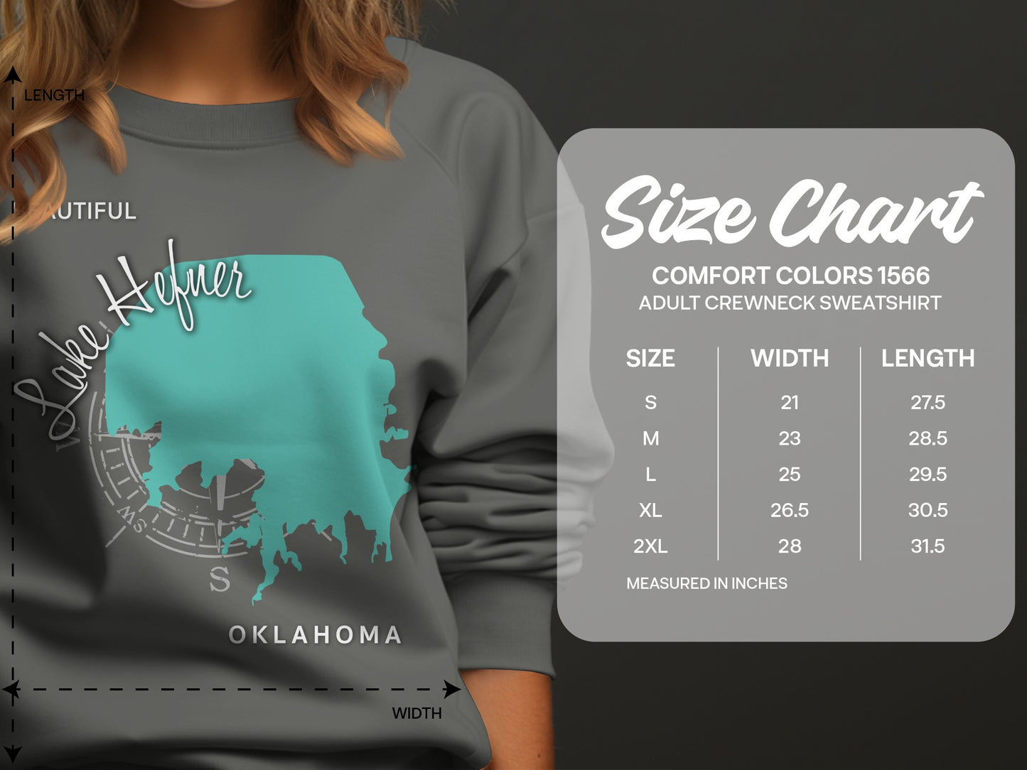 Size chart for Comfort Colors 1566 adult crewneck sweatshirt.