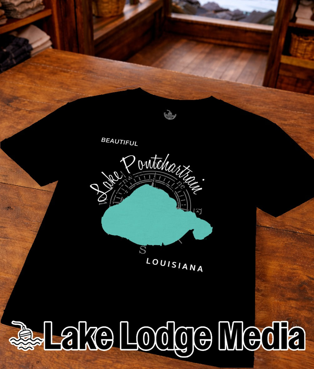 Black t-shirt with teal Lake Pontchartrain map and compass rose.