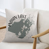 Pillow with Indian Lake Ohio map graphic and compass rose design.