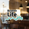 Bowen Life sticker with aqua abstract design and copyright text.