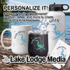 White mug, black tumbler, and white bottle with "Loch Raven" and lake graphic.