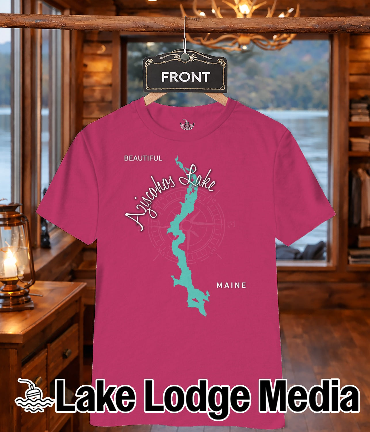 Pink t-shirt with Ajijohos Lake map and "Lake Lodge Media" logo.