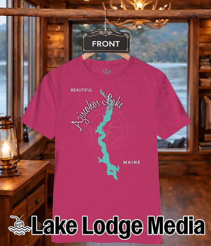 Pink t-shirt with Ajijohos Lake map and "Lake Lodge Media" logo.