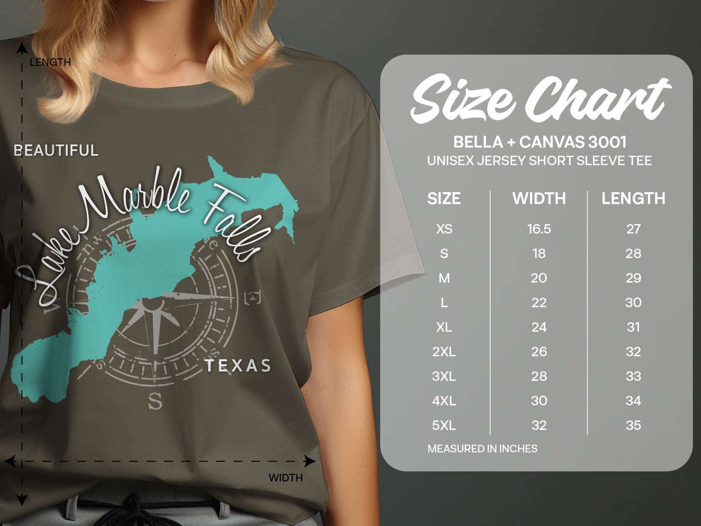 T-shirt size chart for Bella + Canvas 3001 unisex short sleeve tee.