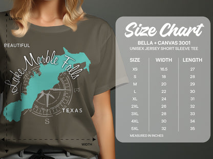 T-shirt size chart for Bella + Canvas 3001 unisex short sleeve tee.