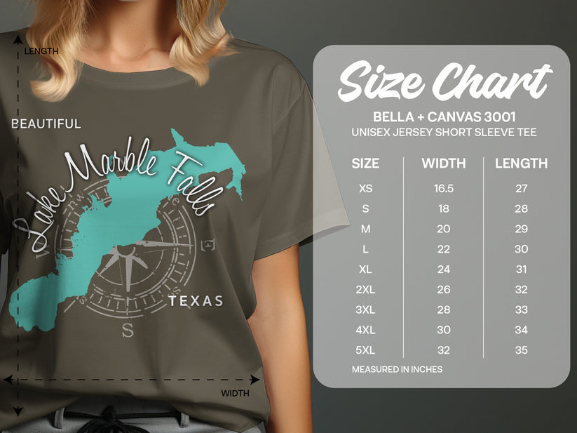 T-shirt size chart for Bella + Canvas 3001 unisex short sleeve tee.