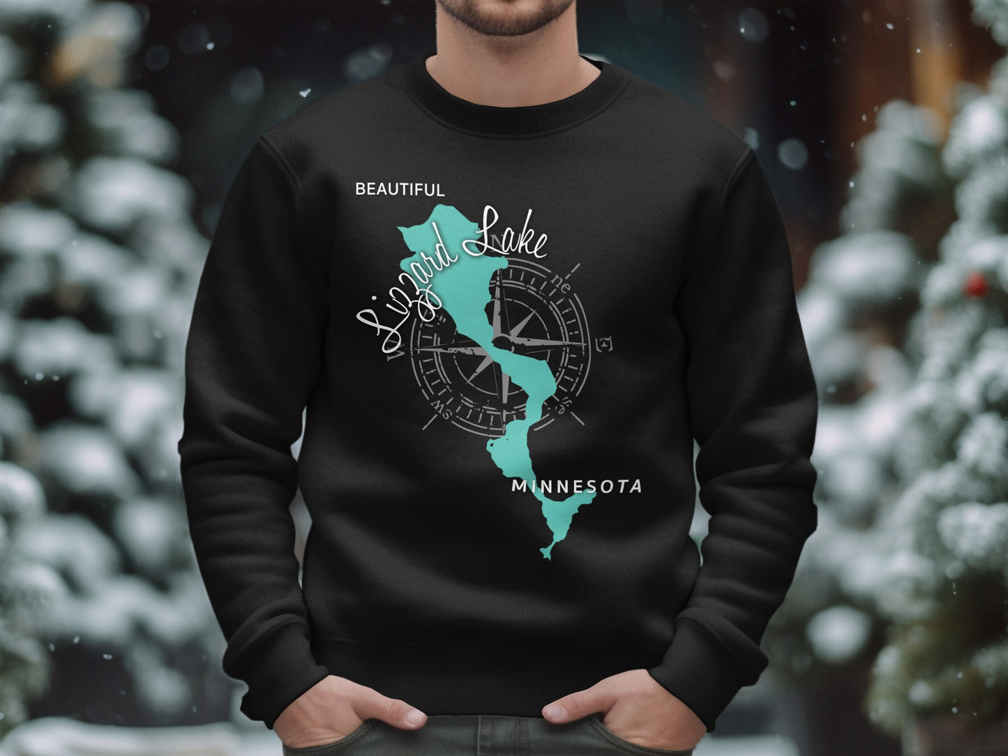 Black sweatshirt with a map of Lizard Lake, Minnesota and compass rose design.