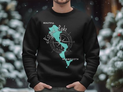 Black sweatshirt with a map of Lizard Lake, Minnesota and compass rose design.