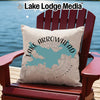 Pillow with Lake Arrowhead, California map and compass design on Adirondack chair.