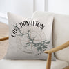 Pillow with "Lake Hamilton Arkansas" text and compass graphic over lake outline.
