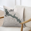 Cushion with Bass Lake map and compass rose design, California text.