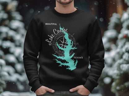 Black sweatshirt with turquoise Lake Conroe Texas map and compass graphic.
