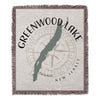 Greenwood Lake New Jersey woven blanket with compass rose and lake silhouette.
