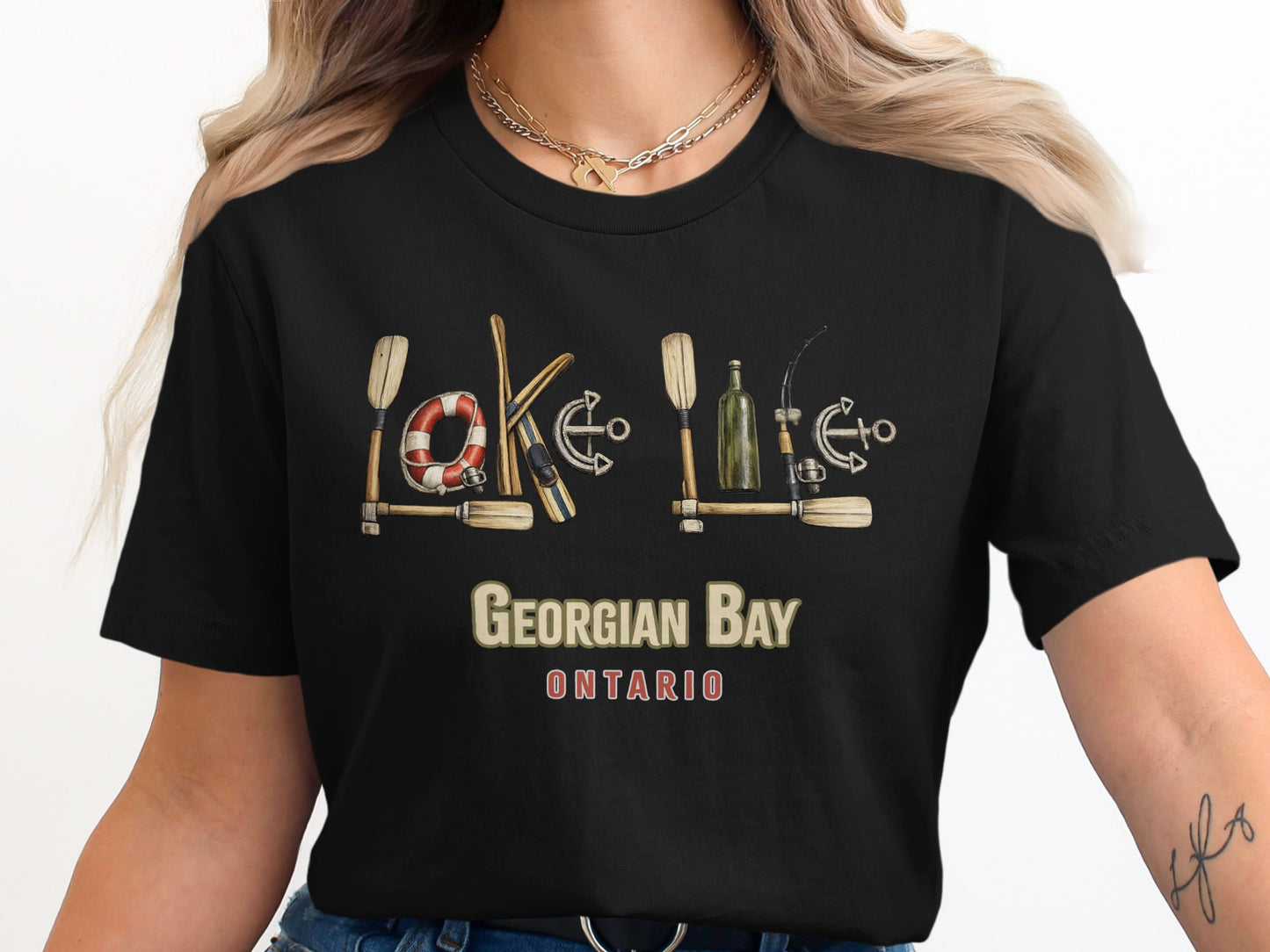 Black t-shirt featuring "Lake Georgian Bay Ontario" with nautical icons.