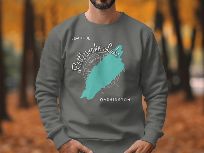 Sweatshirt with Rattle snake Lake map and compass graphic, Washington.